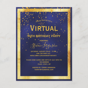 Virtual birthday party blue gold invitation postcard