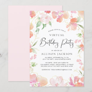 Virtual Birthday Party Floral Pink Gold Invitation