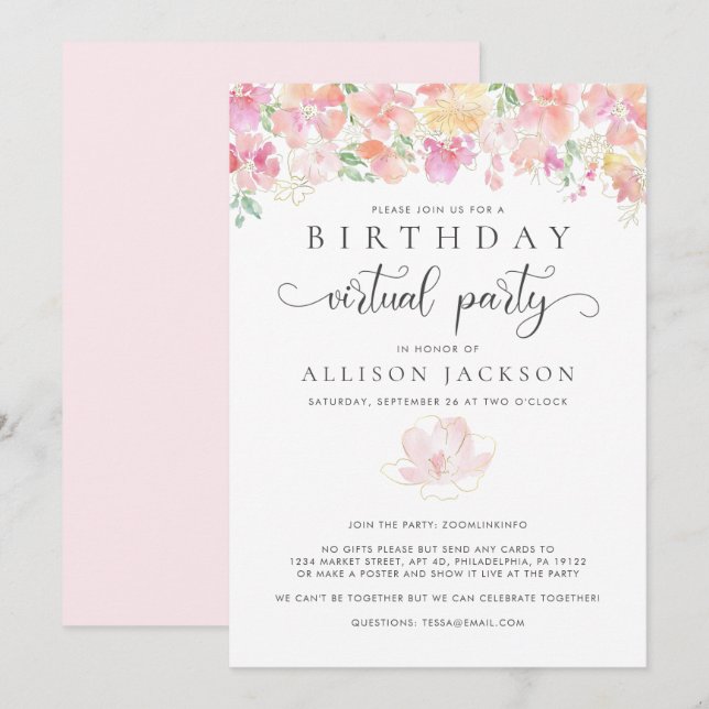 Virtual Birthday Party | Modern Pink Gold Floral Invitation (Front/Back)