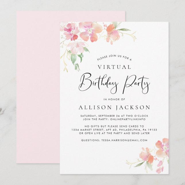 Virtual Birthday Party Modern Pink Gold Floral Invitation (Front/Back)