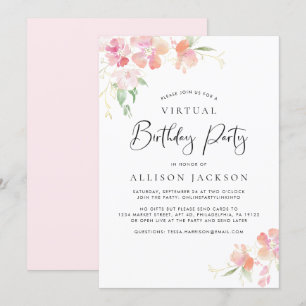 Virtual Birthday Party Modern Pink Gold Floral Invitation