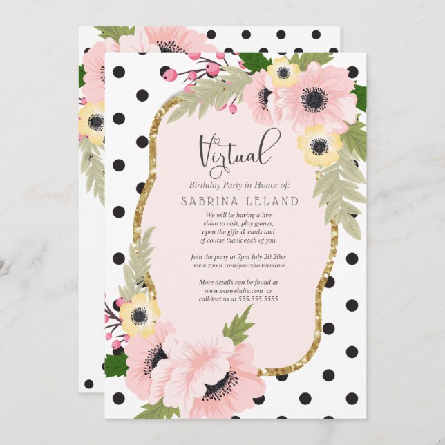 Virtual Birthday Party Pink and Yellow Poppies Invitation (Front/Back)