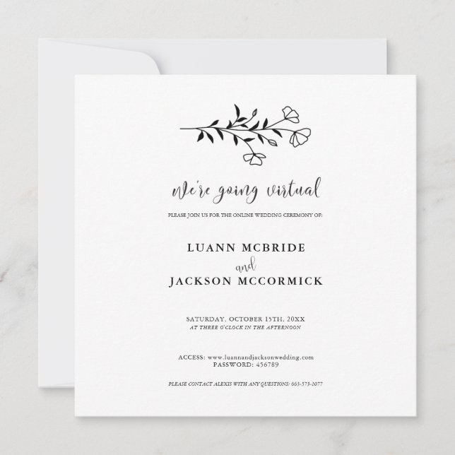 Virtual Black White Floral Wedding Invitation Card (Front)