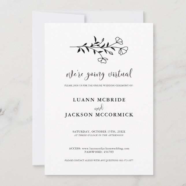 Virtual Black White Floral Wedding Invitation Card (Front)