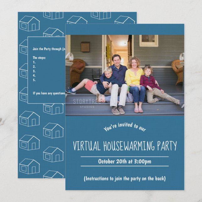 Virtual Blue White Housewarming Photo Invitation (Front/Back)