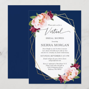 Virtual Blush Burgundy Gold Navy Bridal Shower Invitation