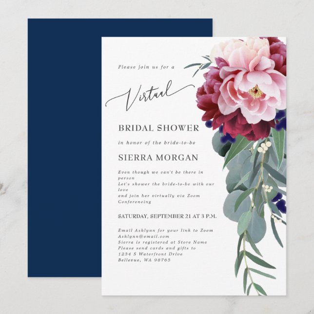 Virtual Blush Burgundy Navy Blue Bridal Shower Invitation (Front/Back)