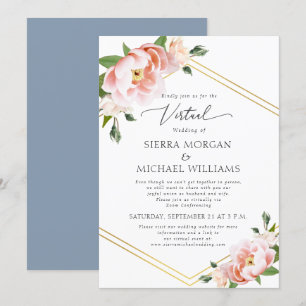 Virtual Blush Floral Gold Dusty Blue Wedding Invitation