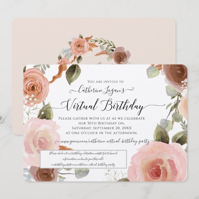 Virtual Blush Floral Watercolor Wreath Birthday Invitation (Front/Back)