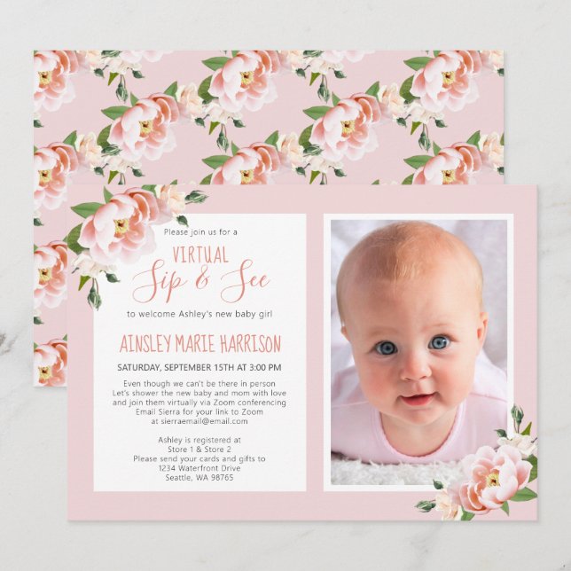 Virtual Blush Pink Floral Photo Baby Girl Shower Invitation (Front/Back)