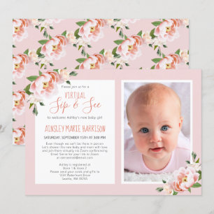 Virtual Blush Pink Floral Photo Baby Girl Shower Invitation