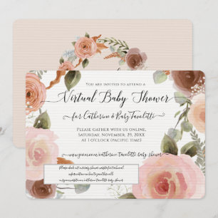 Virtual Blush Pink Floral Wreath Baby Girl Shower Invitation
