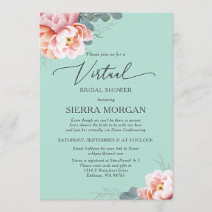 Virtual Blush Pink Mint Green Floral Bridal Shower Invitation