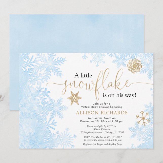 Virtual boy baby shower blue gold little snowflake invitation (Front/Back)