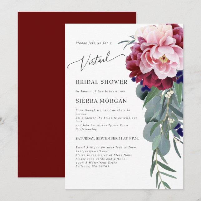 Virtual Bridal Shower Blush Pink Burgundy Floral Invitation (Front/Back)