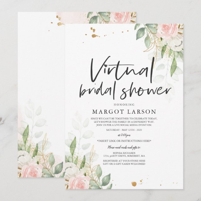 Virtual Bridal Shower Invitation Greenery & Gold (Front/Back)