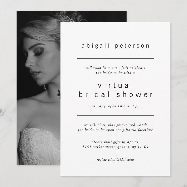 Virtual Bridal Shower Minimalist Black White Photo Invitation (Front/Back)