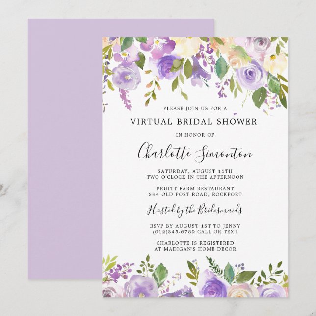 Virtual Bridal Shower Purple Greenery Botanical Invitation (Front/Back)