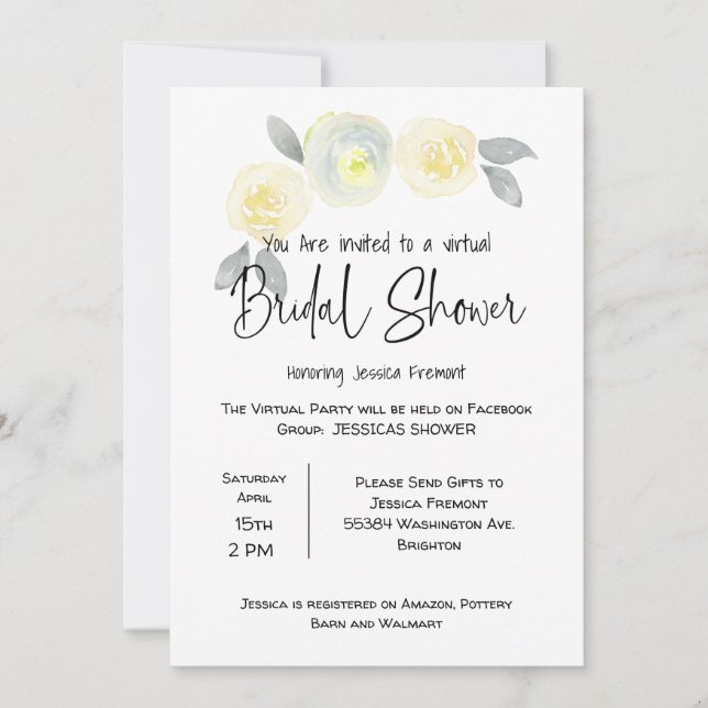 Virtual Bridal Wedding Shower Facebook Yellow Grey Announcement (Front)