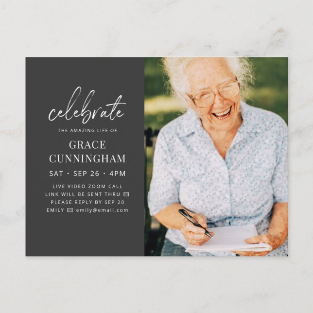 Virtual Celebrate the Amazing Life Modern Photo Invitation Postcard (Front)