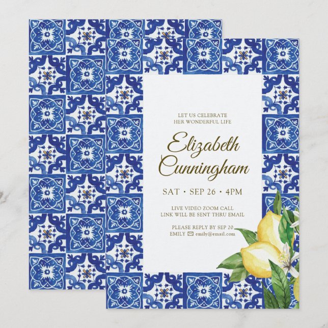 Virtual Celebration of Life Blue Mediterranean Invitation (Front/Back)