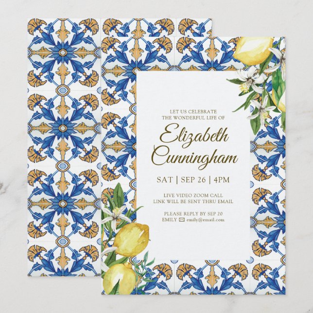 Virtual Celebration of Life Blue Mediterranean Invitation (Front/Back)