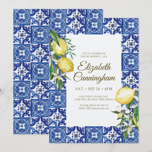 Virtual Celebration of Life Blue Mediterranean Invitation (Front/Back)