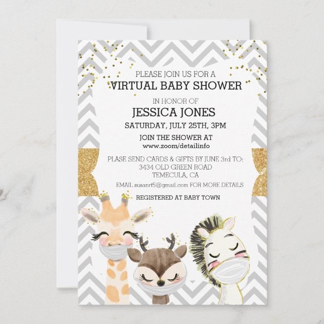 Virtual Chevron Gold Animals Baby Shower Invitation (Front)