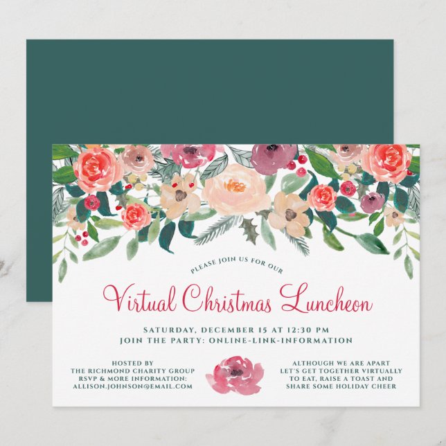 Virtual Christmas Luncheon Winter Florals Invitation (Front/Back)