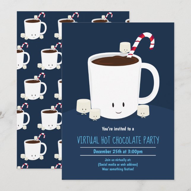 Virtual Christmas Party Hot Chocolate Blue Invitation (Front/Back)