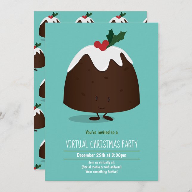 Virtual Christmas Party Pudding Holiday Teal White Invitation (Front/Back)