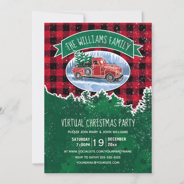 Virtual Christmas Party Vintage Truck Red Plaid Invitation (Front)