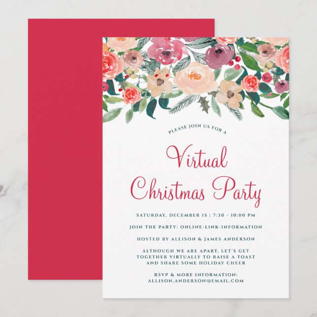Virtual Christmas Party Winter Florals Greenery Invitation (Front/Back)