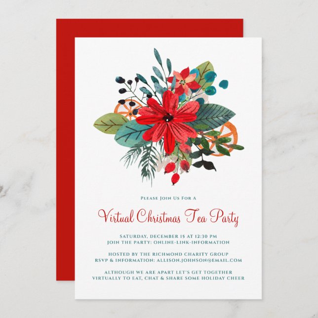 Virtual Christmas Tea Party Winter Florals Fruit Invitation (Front/Back)