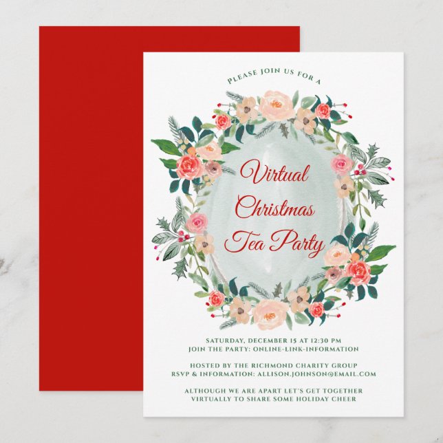Virtual Christmas Tea Party Winter Florals Invitation (Front/Back)