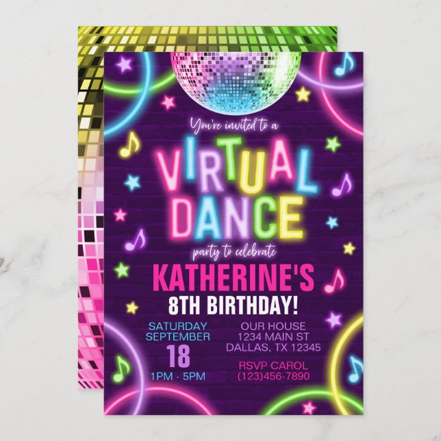 Virtual Dance Party Neon Glow Birthday Invitation (Front/Back)