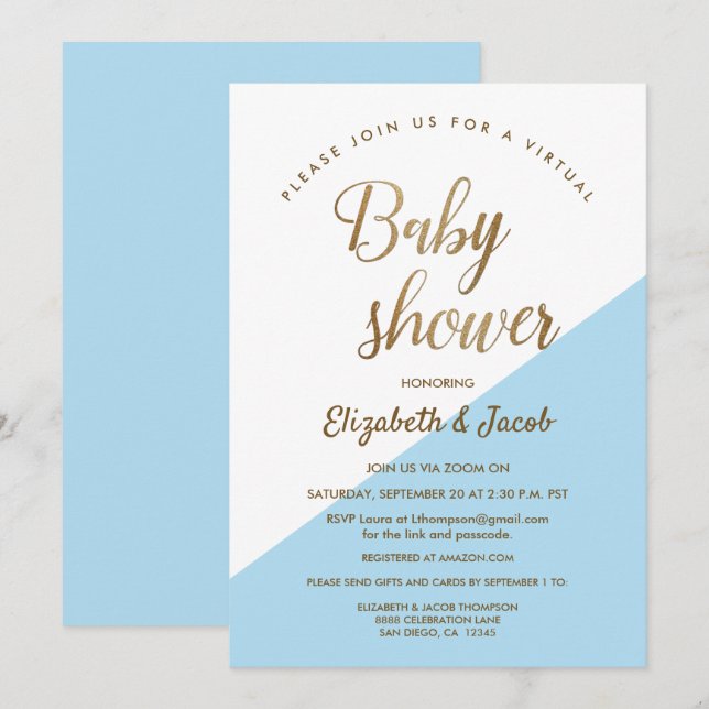Virtual Dusty Blue Modern Baby Shower Invitation (Front/Back)