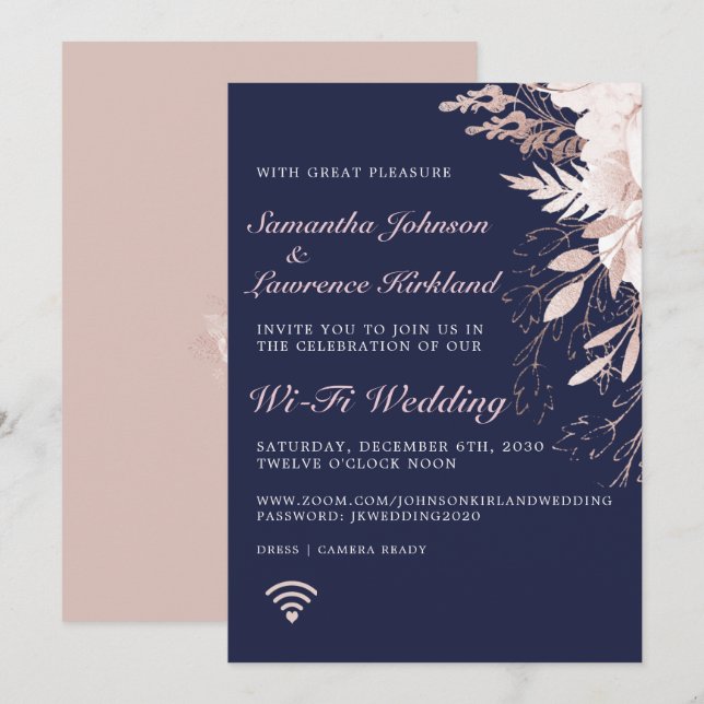 Virtual Dusty Rose Floral Navy Blue Wedding Invitation (Front/Back)