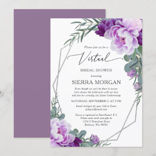 Virtual Elegant Silver Purple Floral Bridal Shower Invitation