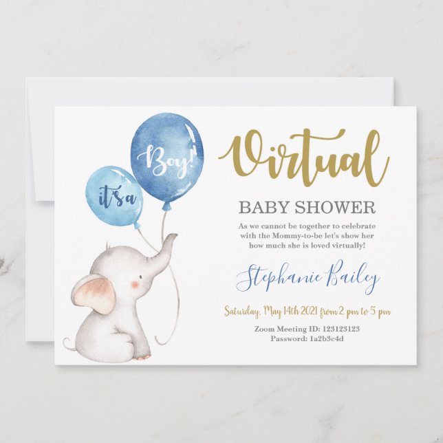 Virtual elephant Baby Shower boy Invitation (Front)