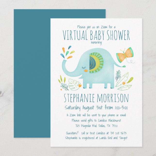 Virtual Elephant Blue Boy Cute Jungle Baby Shower Invitation (Front/Back)