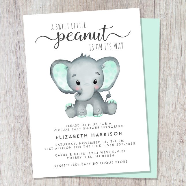 Virtual Elephant Mint Green Baby Shower Invitation (Cute gender-neutral virtual baby shower invitation)
