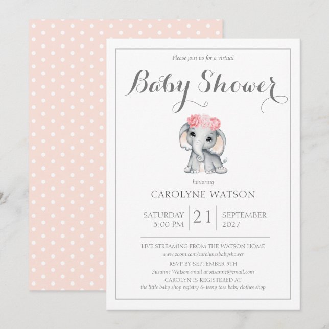 Virtual Elephant Pink Baby Shower Invitation (Front/Back)