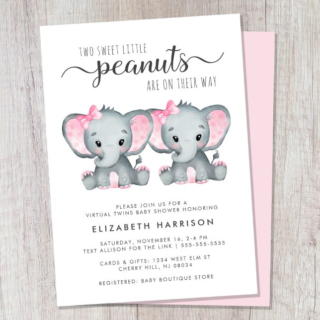 Virtual Elephant Twin Girls Baby Shower Invitation (Cute twin girls virtual baby shower invitation)