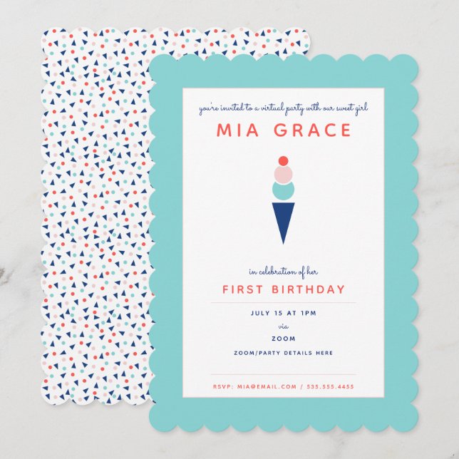 Virtual First Birthday Ice Cream Zoom Party Aqua Invitation (Front/Back)