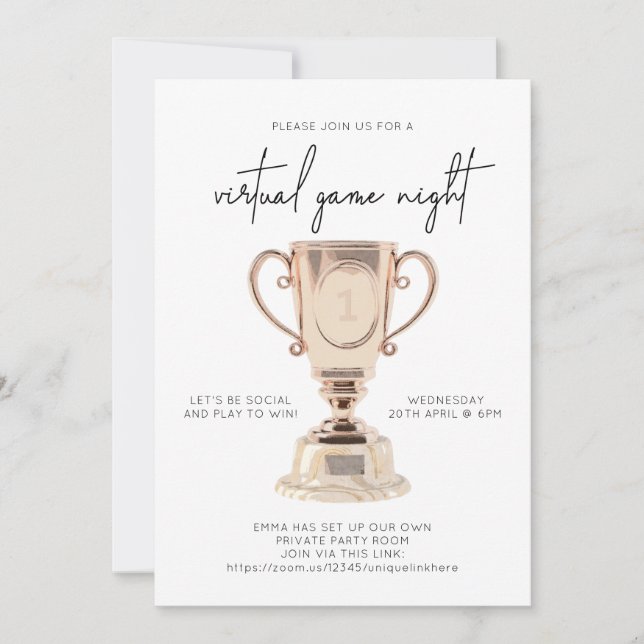 Virtual Game Night Minimal Pink Trophy Winner Invitation (Front)