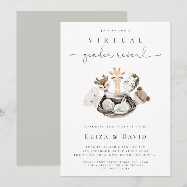  Virtual Gender Reveal He or She Animals Faux Gold Invitation (Front/Back)