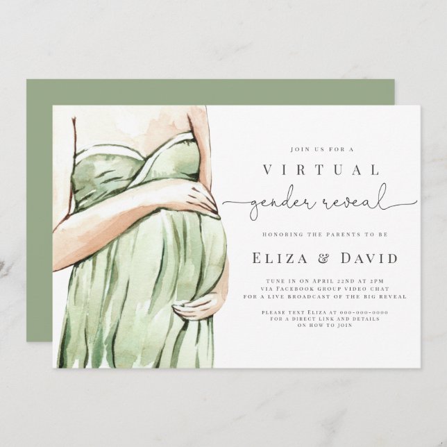  Virtual Gender Reveal Sage Green Boho He Or She Invitation (Front/Back)