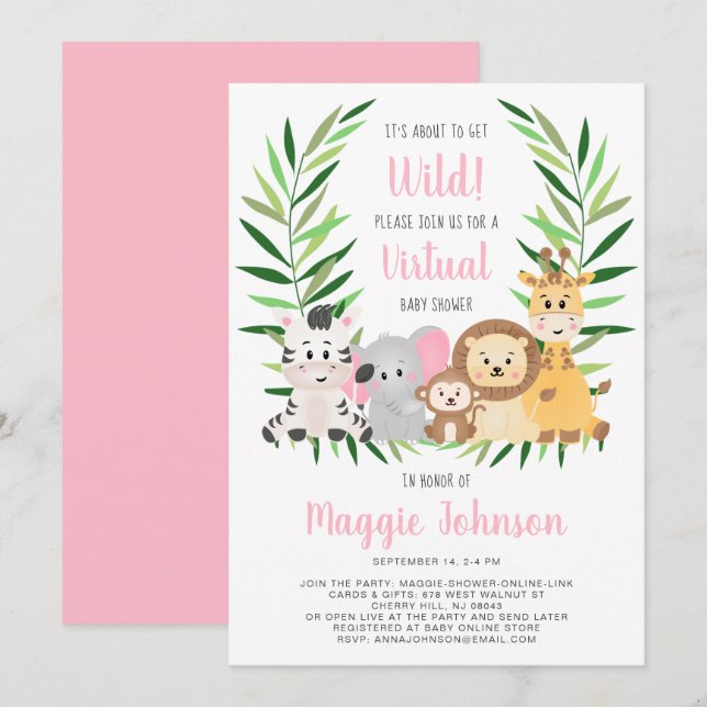 Virtual Get Wild Safari Pink Baby Girl Shower Invitation (Front/Back)