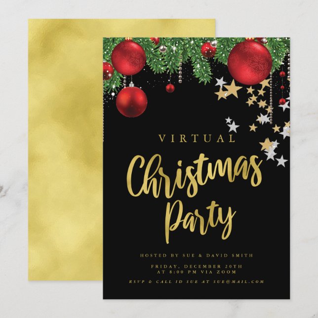 VIRTUAL Gold Red Black Christmas Holiday Party Invitation (Front/Back)